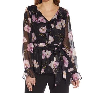 Adrianna Papell Womens Black Ruffled Sheer Blouse Peplum Top